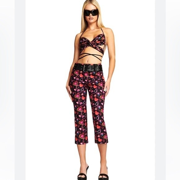 I Am Gia Size S Rylee Cropped Flare Pants Hearts Print Maximalist Kawaii Rave - Picture 1 of 13